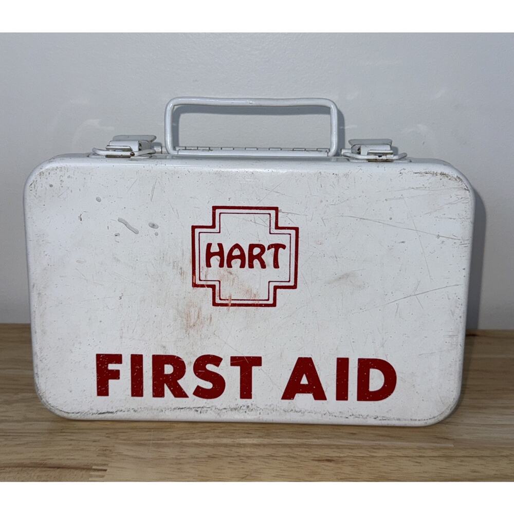 Vintage Metal White First Aid Kit Full Box Container Carry or Wall Mount